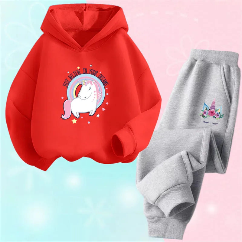 Girls Unicorn Sport Clothing Set Spring Fall Kids Fashion Tracksuit Hoody Sweatershirt Pants Outfit
