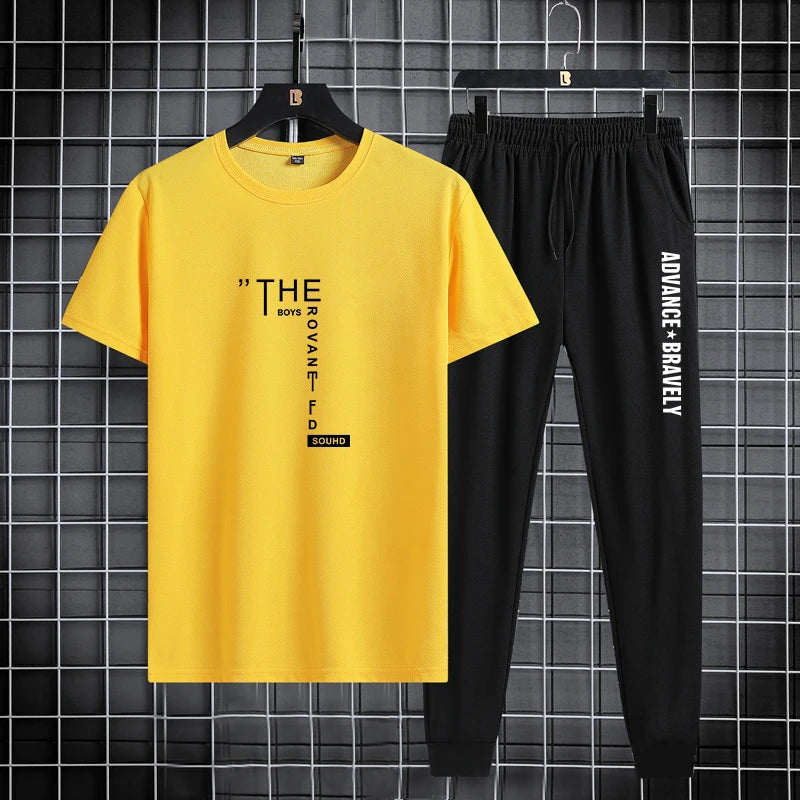 Trendy printed men's sports suit, summer casual T-shirt, leggings, two piece set, thin and breathable, solid color