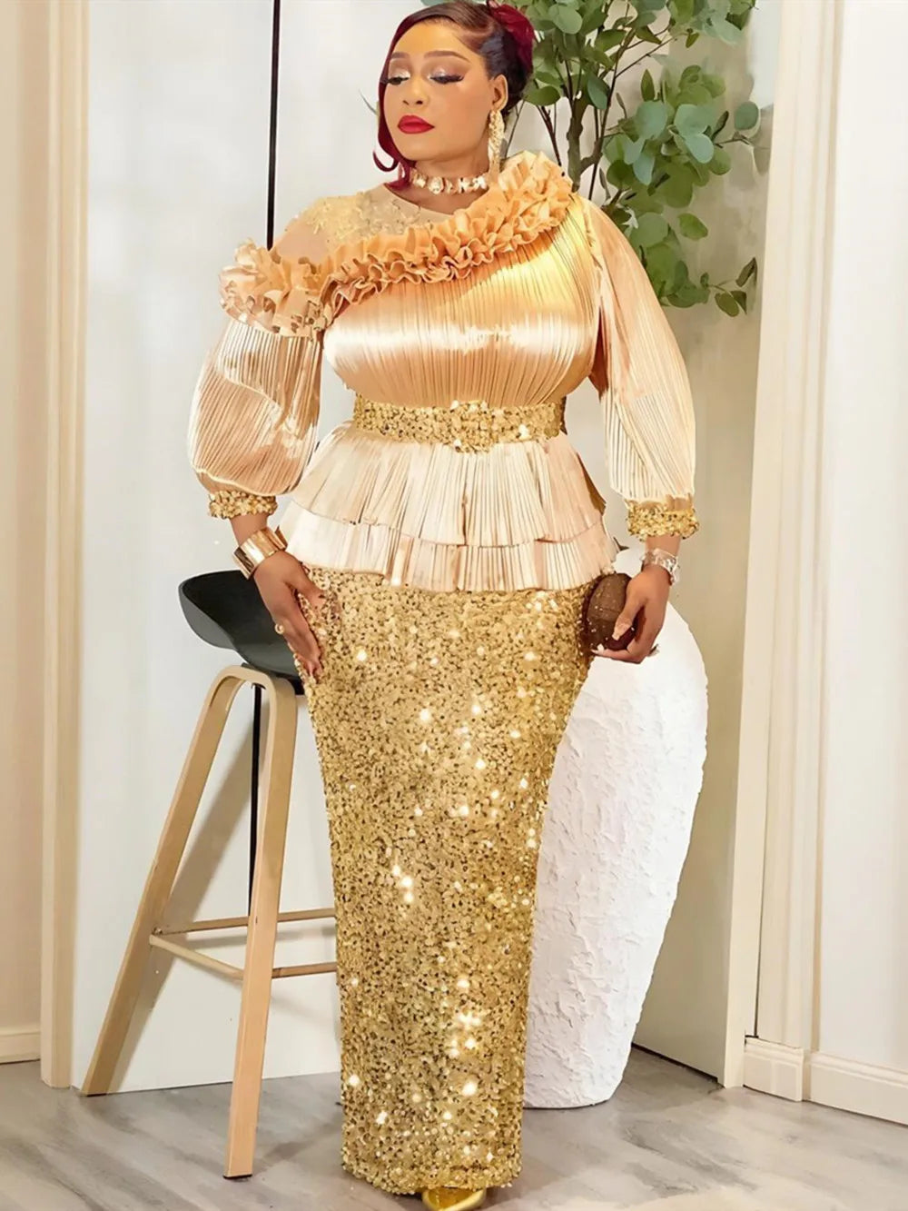 Plus Size African Party Dresses for Women Dashiki Sequin Maxi Long Dress Elegant