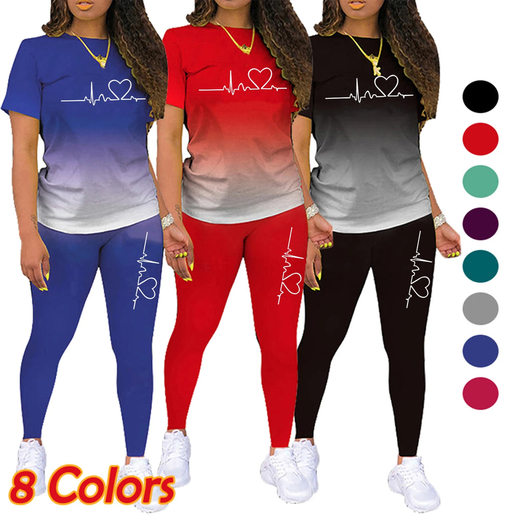 Summer Women Fashion Print Clothes T-shirt and Pants Suit
