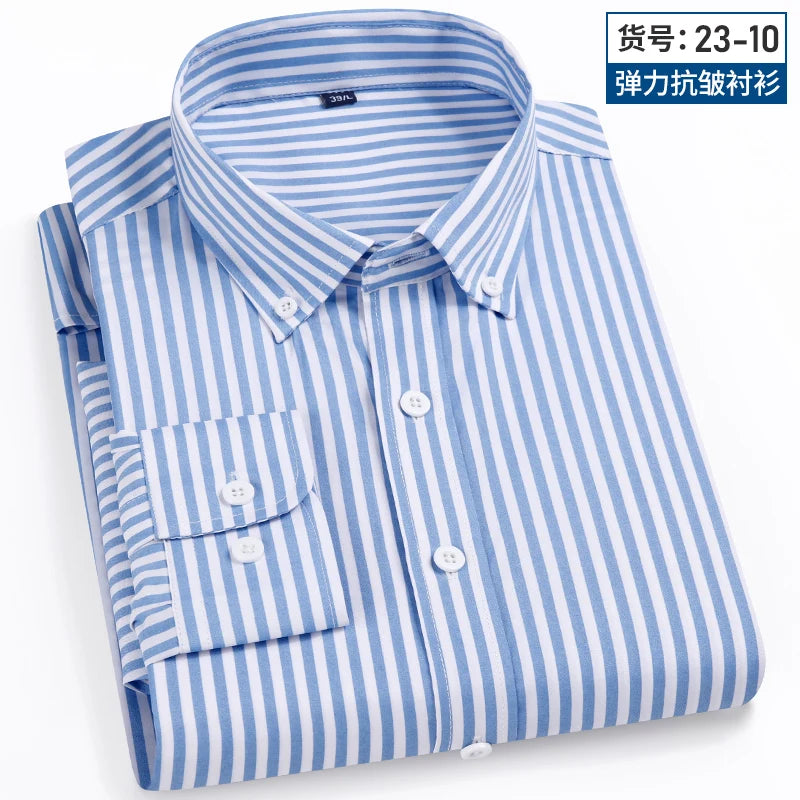 2024 Spring New Stretch Long Sleeve Shirt Men's Striped Korean Slim Shirt Business Casual No-Iron Comfortable Men's Clothing
