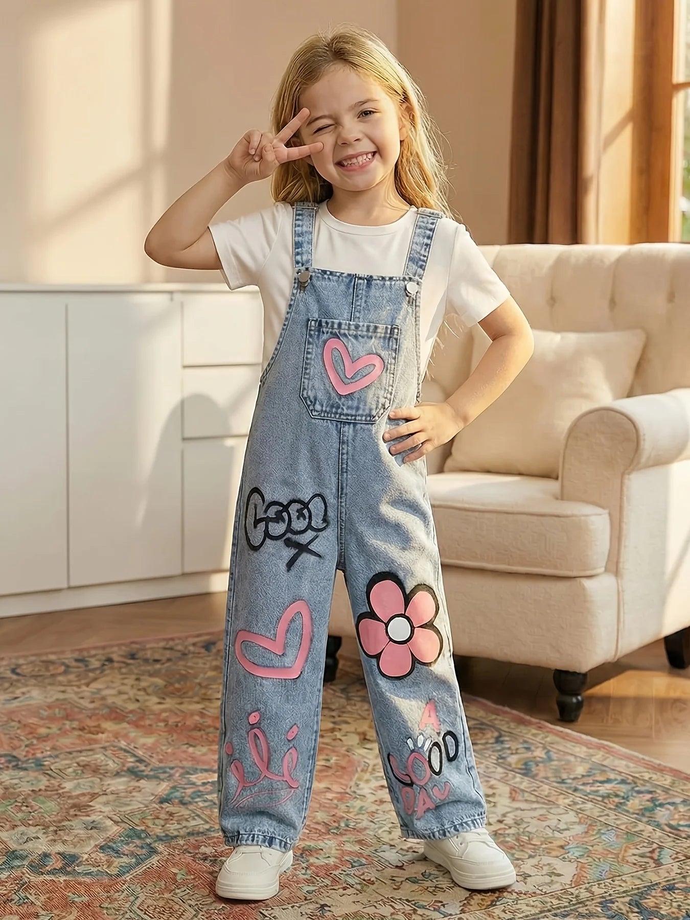 Girls' floral, heart-shaped, rainbow graffiti pattern casual and comfortable