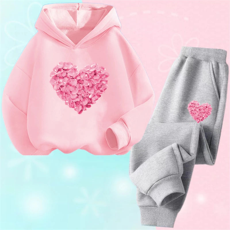 Girls Cartoon Unicorn Pony Hooded Cotton Suit Two-Piece Outfit Hoodie And Pants Set Spring Autumn Sport Clothes for Ages 3-14