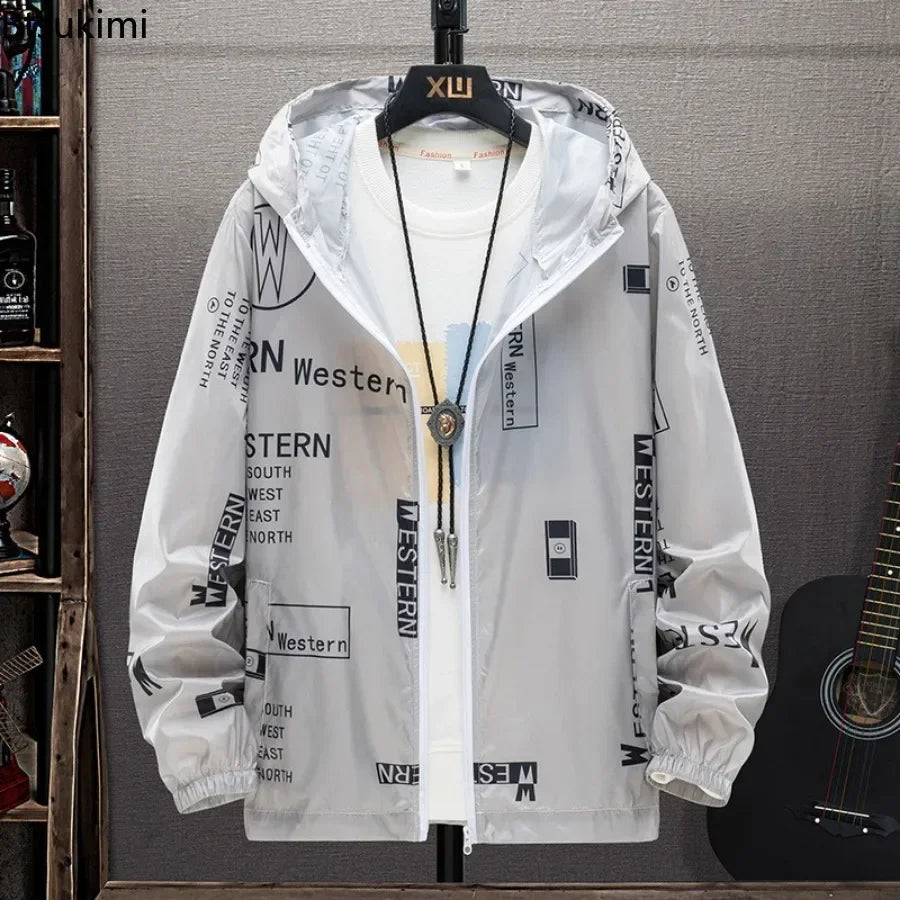 New Men's Lightweight Hooded Jacket Anti-UV Breathable Coats Letter Print