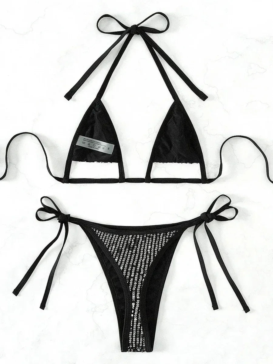 Shiny Sequins Halter Hollow Out Bikini  Female Thong Swimwear