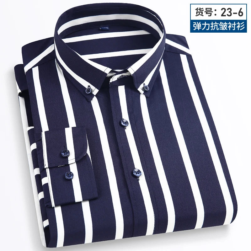 2024 Spring New Stretch Long Sleeve Shirt Men's Striped Korean Slim Shirt Business Casual No-Iron Comfortable Men's Clothing