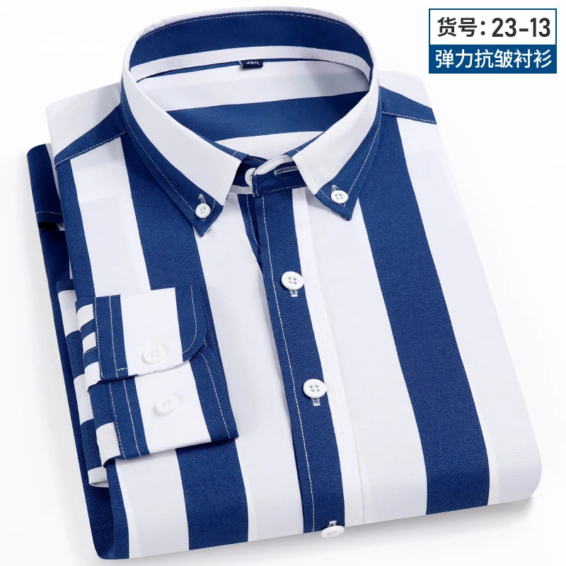 2024 Spring New Stretch Long Sleeve Shirt Men's Striped Korean Slim Shirt Business Casual No-Iron Comfortable Men's Clothing
