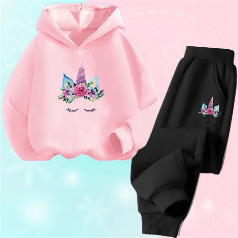 Girls Cartoon Unicorn Pony Hooded Cotton Suit Two-Piece Outfit Hoodie And Pants Set Spring Autumn Sport Clothes for Ages 3-14