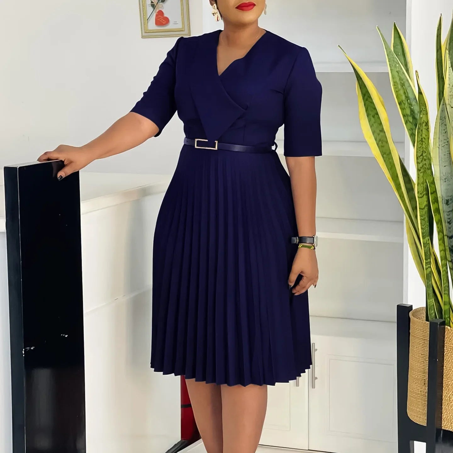 New Fashion V Neck Solid Color Pleated African Maxi Dress