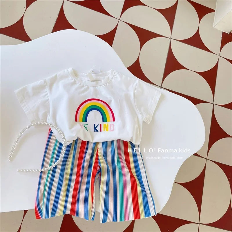 Baby Girls Tops Sets Kids Short-Sleeved Top Striped Trousers 2 Pieces Summer Rainbow