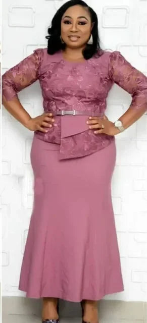 Women O Neck 3/4 Sleeve Long Maxi Dress Fashion Lace Patchwork Night Party Dress