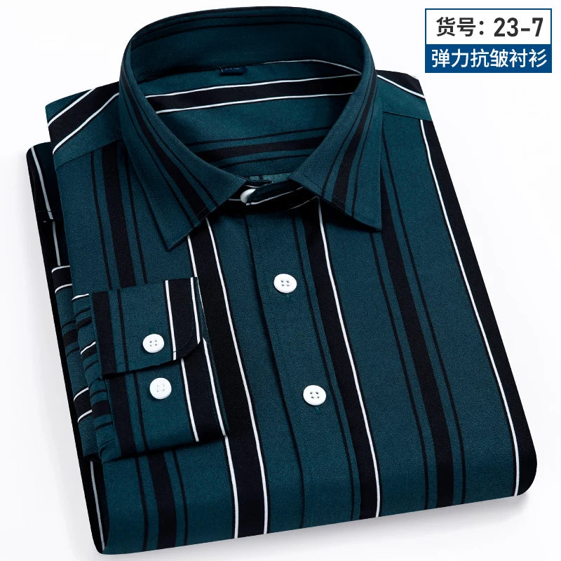 2024 Spring New Stretch Long Sleeve Shirt Men's Striped Korean Slim Shirt Business Casual No-Iron Comfortable Men's Clothing