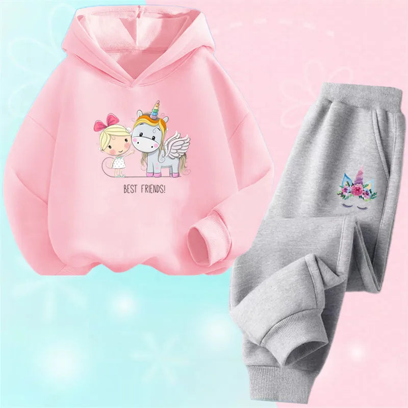 Girls Cartoon Unicorn Pony Hooded Cotton Suit Two-Piece Outfit Hoodie And Pants Set Spring Autumn Sport Clothes for Ages 3-14