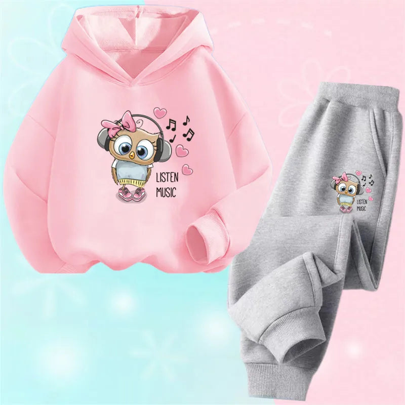 Children's Cute Owl Hoodie And Pants Set Toddler Girls Clothing Spring Autumn Print Sports Tracksuit Age 3-14