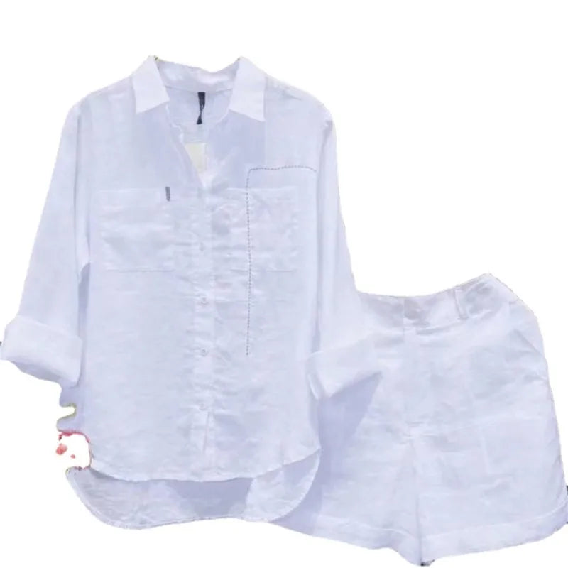Cotton Linen Casual Shirt Two Piece Set For Women Shorts 2 Piece Sets Outfit Long Sleeve Short Sets