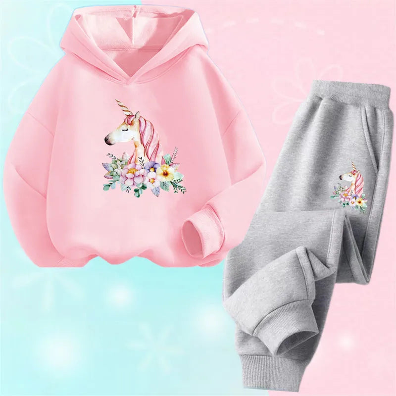 Children's Cute Owl Hoodie And Pants Set Toddler Girls Clothing Spring Autumn Print Sports Tracksuit Age 3-14