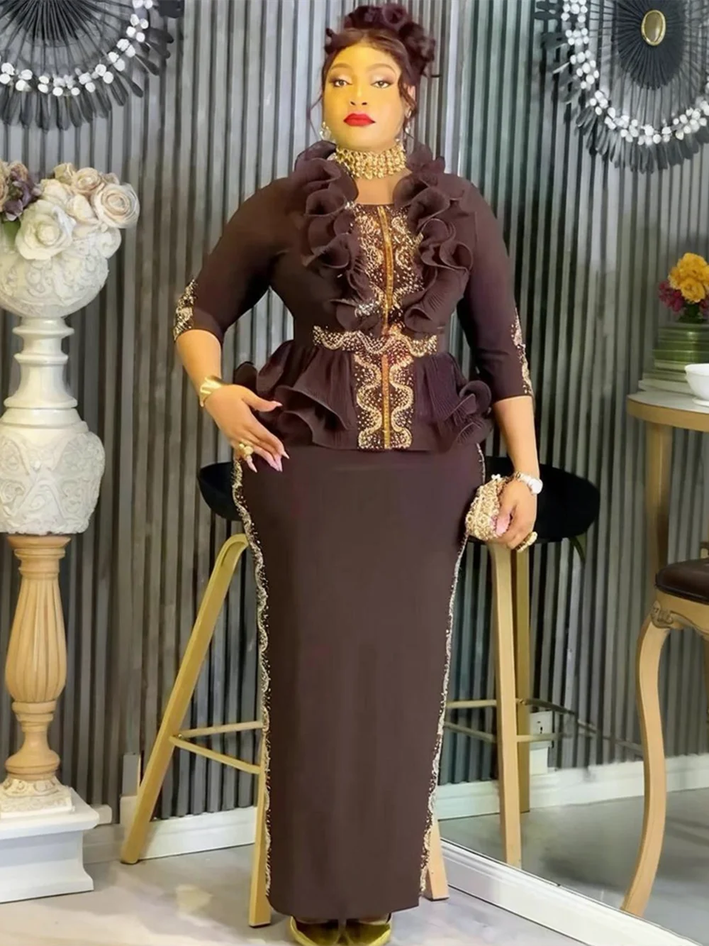 Elegant African Dresses for Women Plus Size Ruffle Evening Party Long Dress