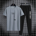 Trendy printed men's sports suit, summer casual T-shirt, leggings, two piece set, thin and breathable, solid color