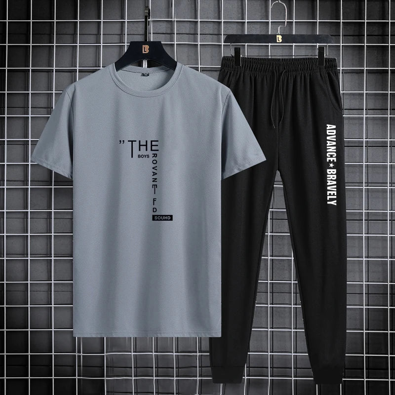 Trendy printed men's sports suit, summer casual T-shirt, leggings, two piece set, thin and breathable, solid color