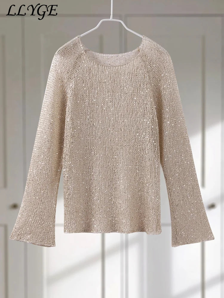 Fashion Women's Sequins Knit Hollow Out Pullovers Loose O-neck Long Sleeve Female Sweaters 2026 Spring Lady Shinny Chic Shirts