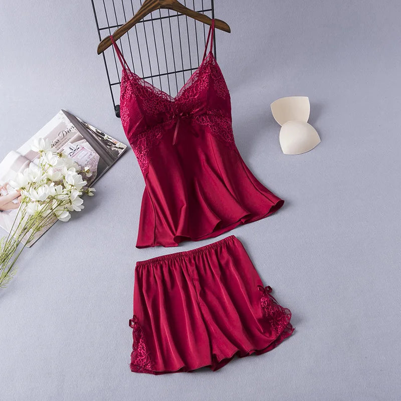 2 Pieces Cami&Shorts Sleep Set Women Pajamas Suit Sexy Lace Home Clothes V-Neck Sleepwear Lounge Wear Summer Nightwear