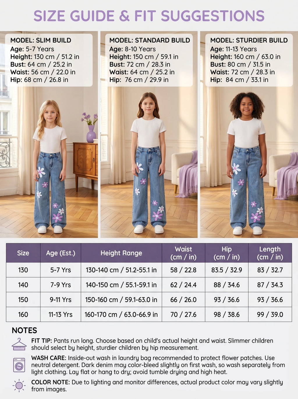Girls Flower Patch Wide Leg Jeans Kids