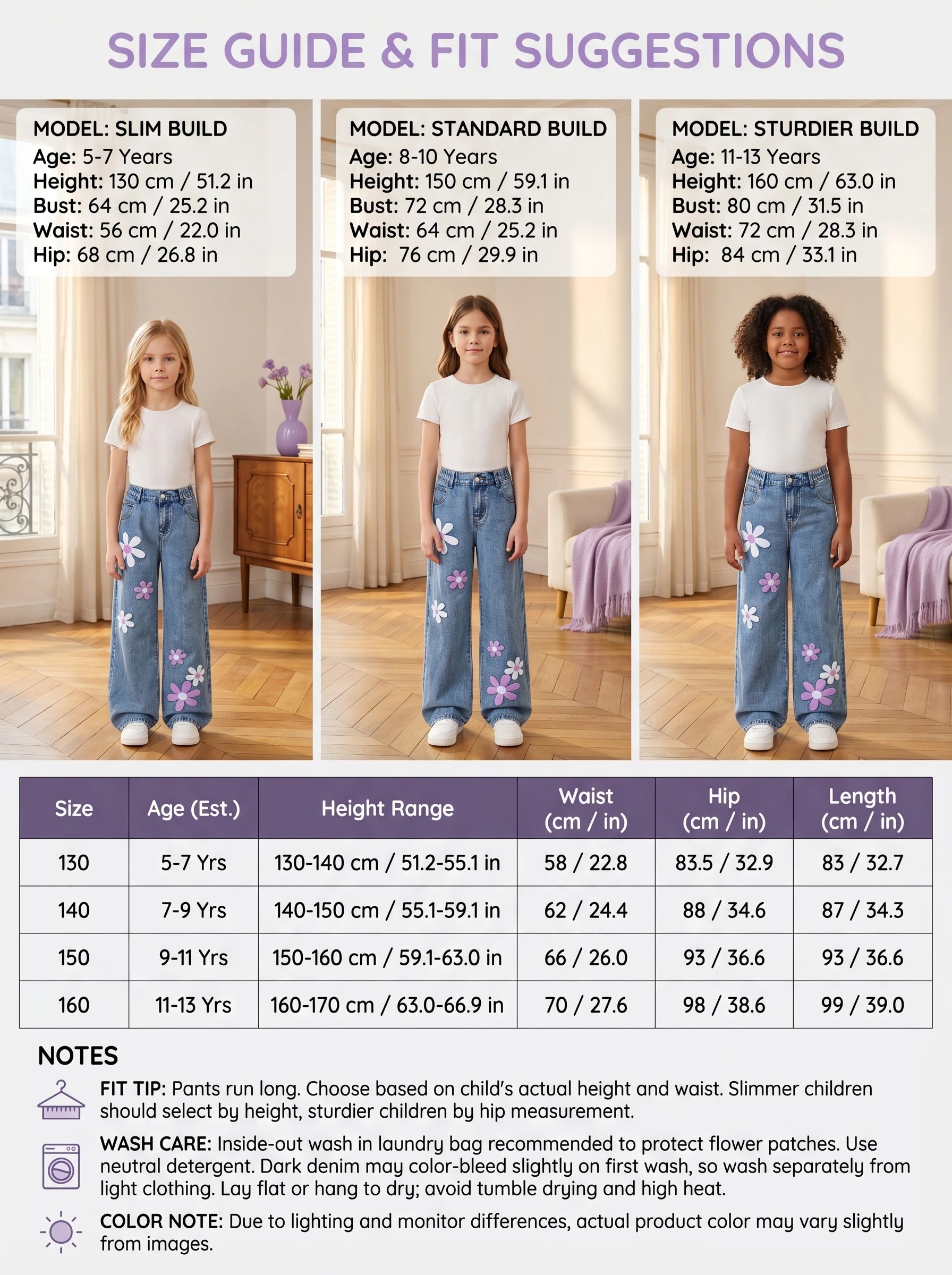 Girls Flower Patch Wide Leg Jeans Kids