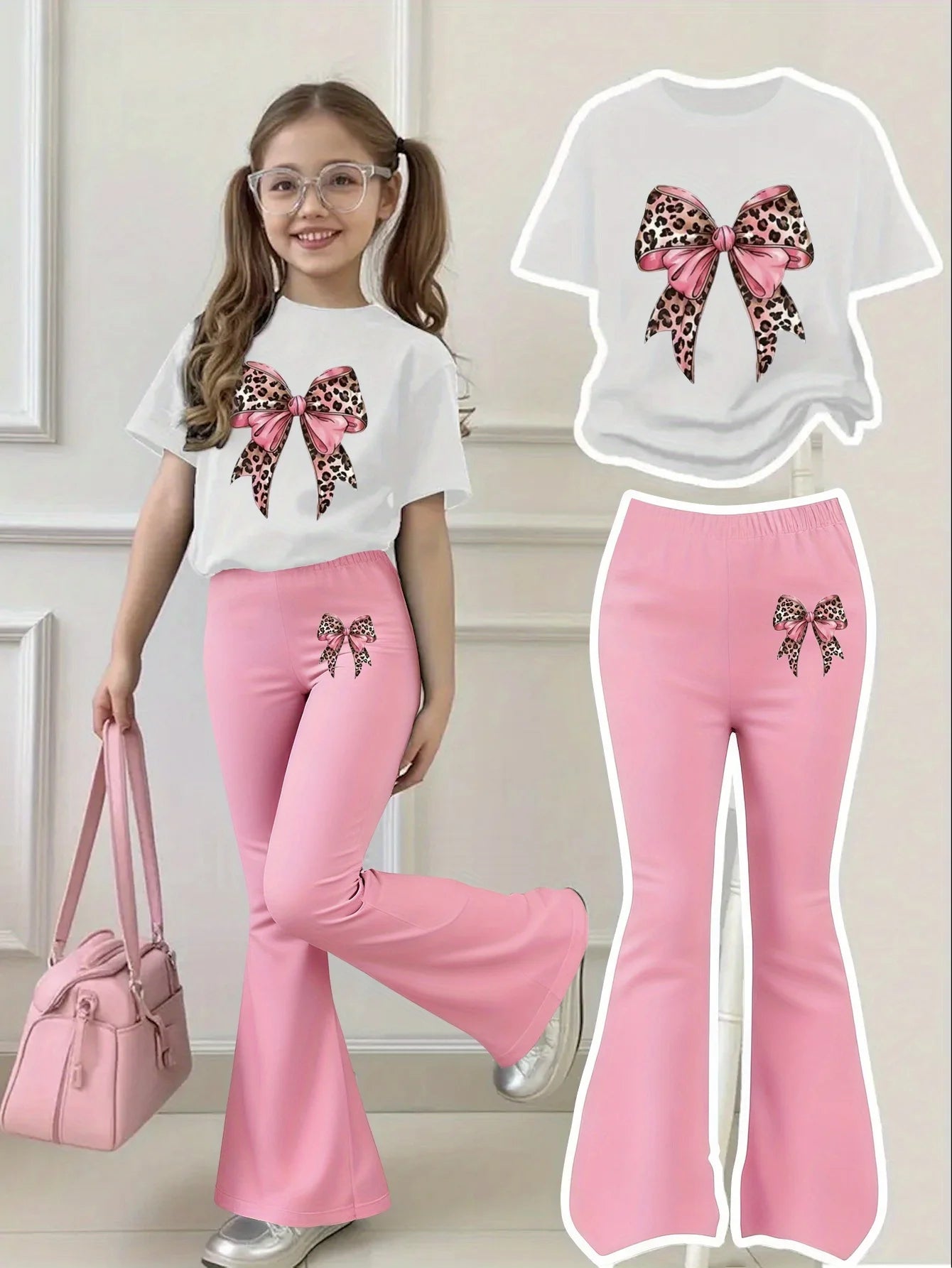 Sweet and Cool Leopard Print Bow Suit for Girls Aged 4-12