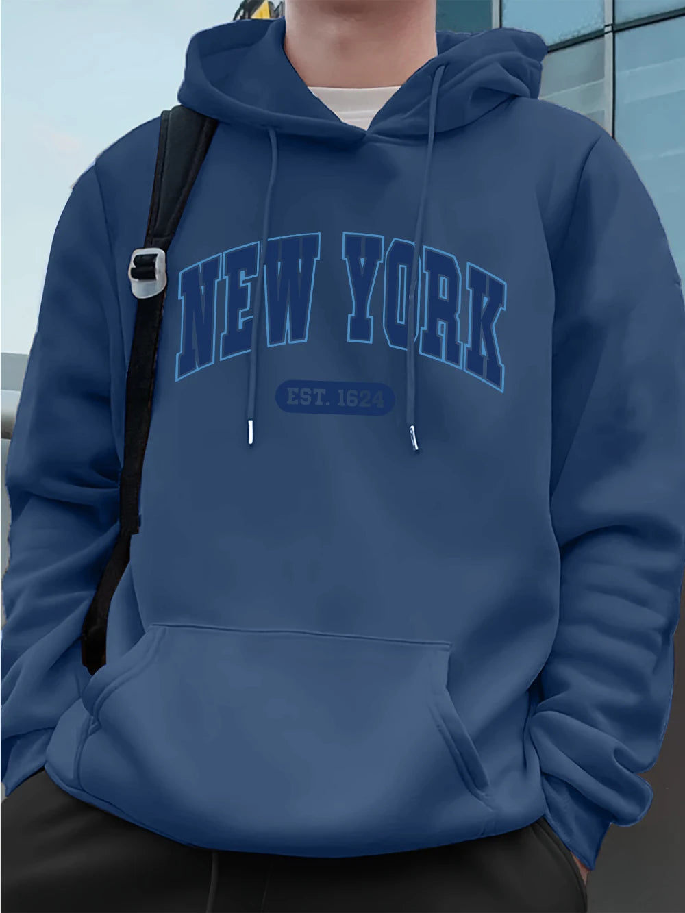 New York Usa Est.1624 Printing Mens Sweatshirts Winter Pocket Hoodies Fashion Fleece Warm Loose Streetwears Casual Men'S Clothes