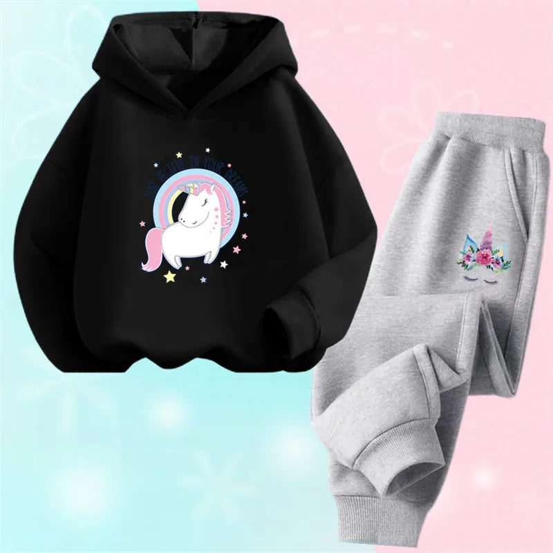 Girls Unicorn Sport Clothing Set Spring Fall Kids Fashion Tracksuit Hoody Sweatershirt Pants Outfit