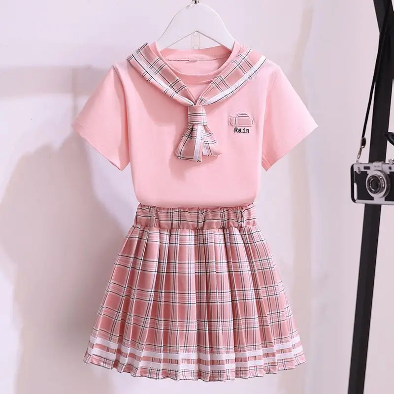 Girls Fashion JK Uniform Set College Style Plaid Pleated Skirt 2PCS Kids