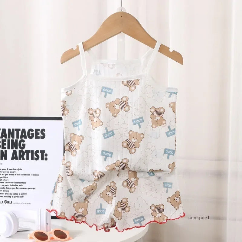 2pc Children's Summer Thin Strap Set Baby Shorts +tops Cotton Vest Girls