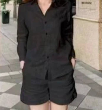 Cotton Linen Casual Shirt Two Piece Set For Women Shorts 2 Piece Sets Outfit Long Sleeve Short Sets