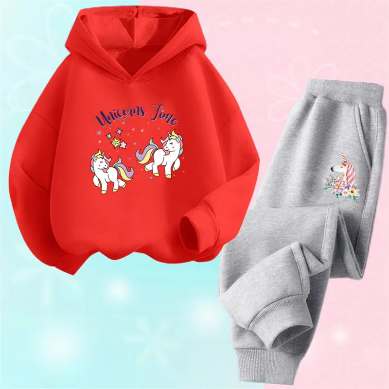 Girls Cartoon Unicorn Pony Hooded Cotton Suit Two-Piece Outfit Hoodie And Pants Set Spring Autumn Sport Clothes for Ages 3-14