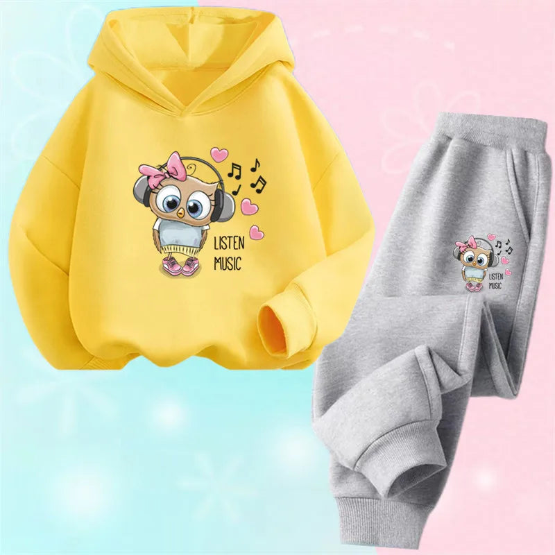Children's Cute Owl Hoodie And Pants Set Toddler Girls Clothing Spring Autumn Print Sports Tracksuit Age 3-14