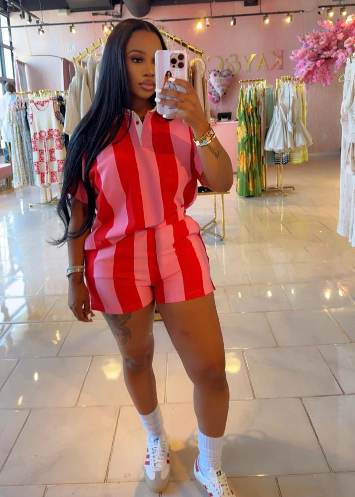 Women's Clothing Fashion Striped Sets Long Sleeve Polo-Neck T Shirt and Shorts