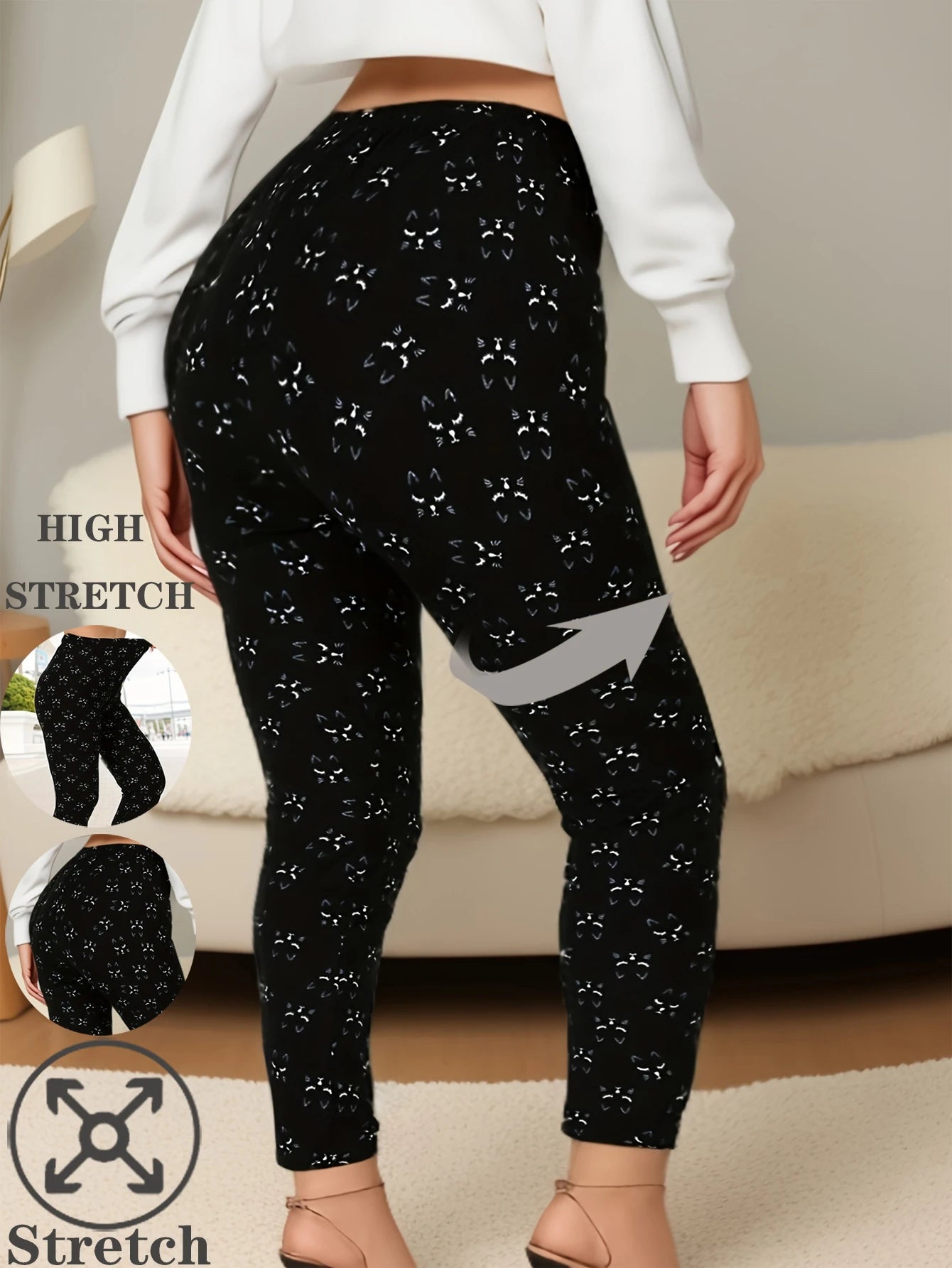 CUHAKCI Plus Size High Stretch Sexy Women's Tight Black Cat Pattern Comfortable Sports And Casual Tight Pants