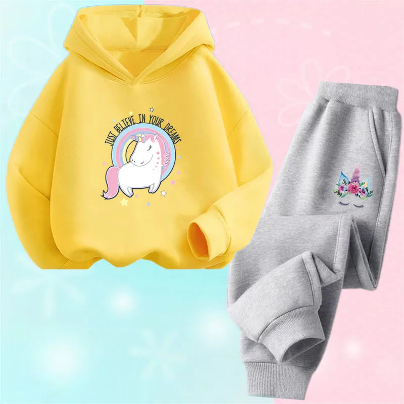 Girls Unicorn Sport Clothing Set Spring Fall Kids Fashion Tracksuit Hoody Sweatershirt Pants Outfit