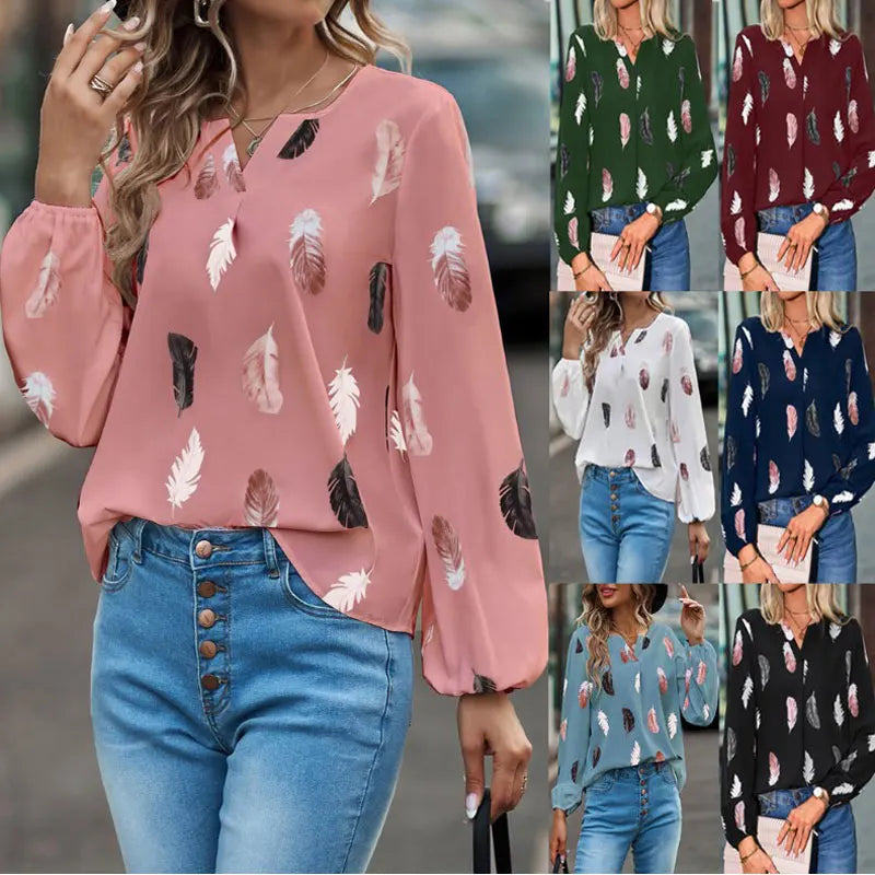 Plus Size Woman Blouse Shirts For Women Stylish Top long Sleeve Feathers