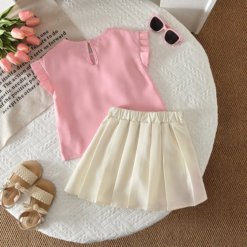 Summer Color Blocked Girls Clothes Flower Decoration Sleeveless