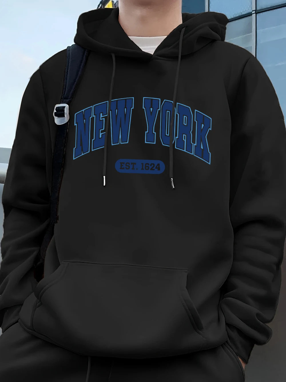 New York Usa Est.1624 Printing Mens Sweatshirts Winter Pocket Hoodies Fashion Fleece Warm Loose Streetwears Casual Men'S Clothes