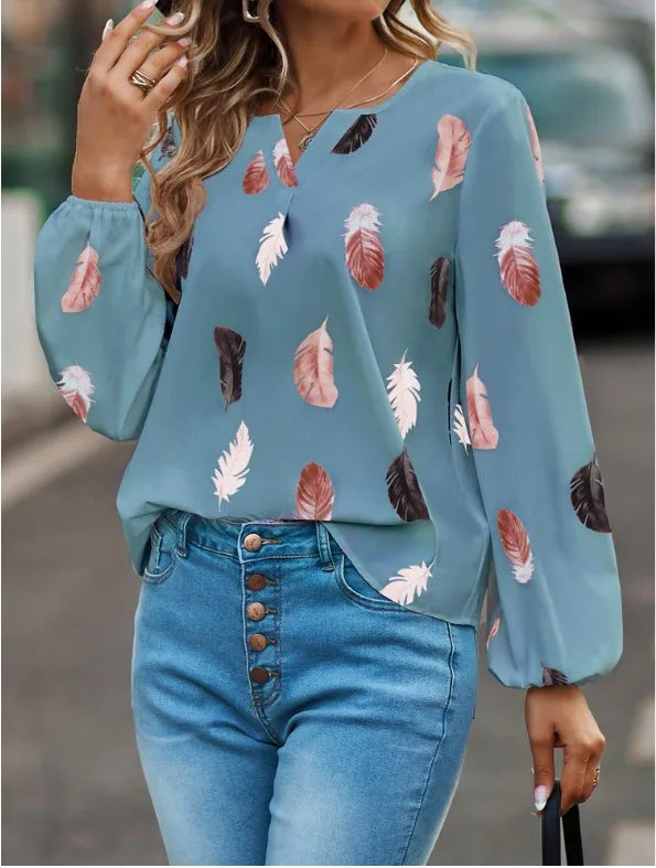 Plus Size Woman Blouse Shirts For Women Stylish Top long Sleeve Feathers