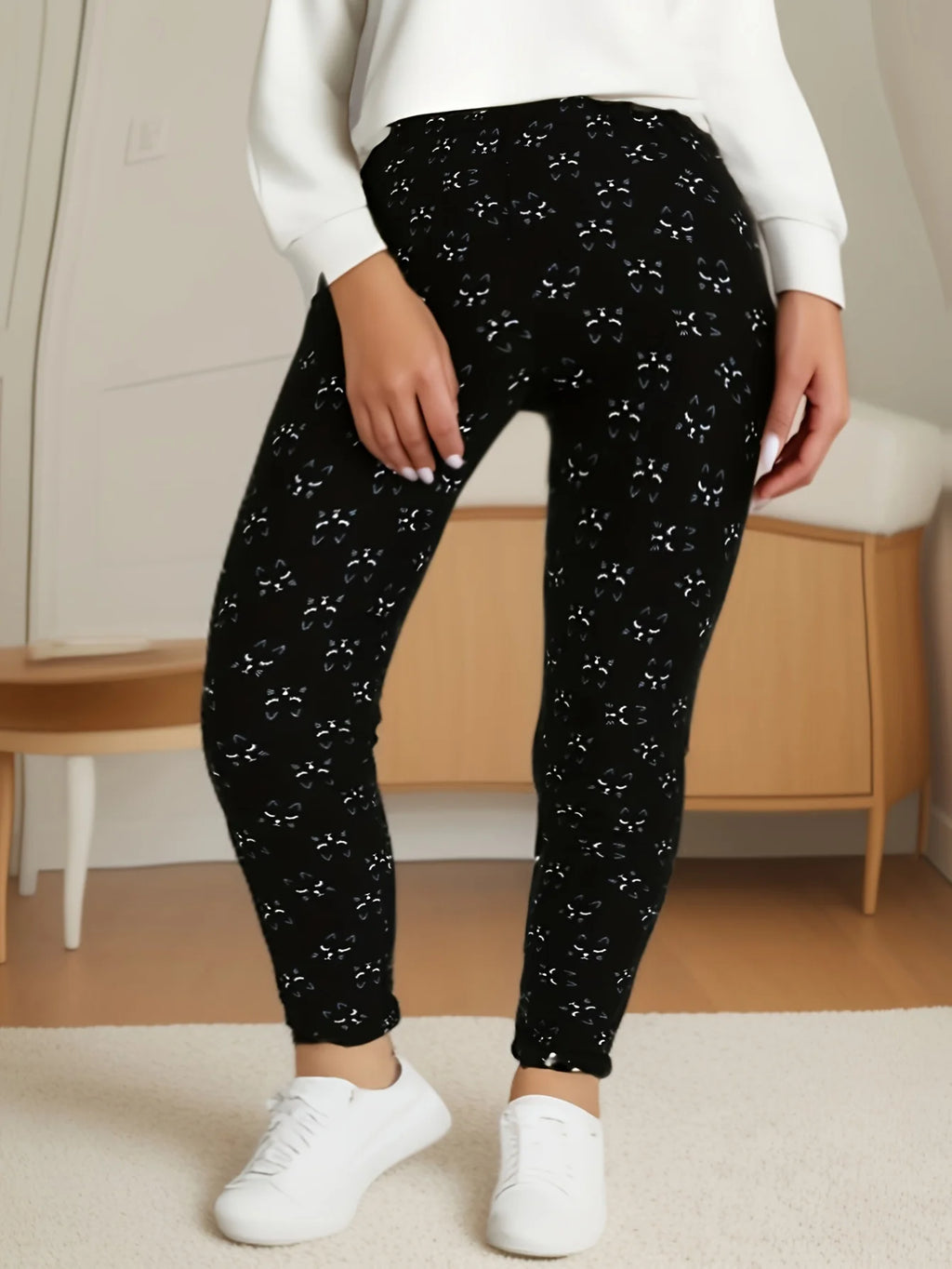 CUHAKCI Plus Size High Stretch Sexy Women's Tight Black Cat Pattern Comfortable Sports And Casual Tight Pants