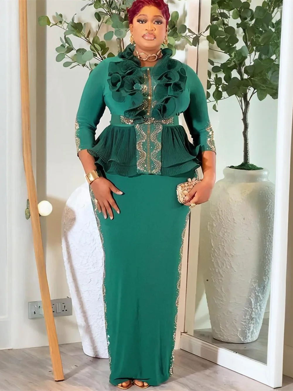 Elegant African Dresses for Women Plus Size Ruffle Evening Party Long Dress