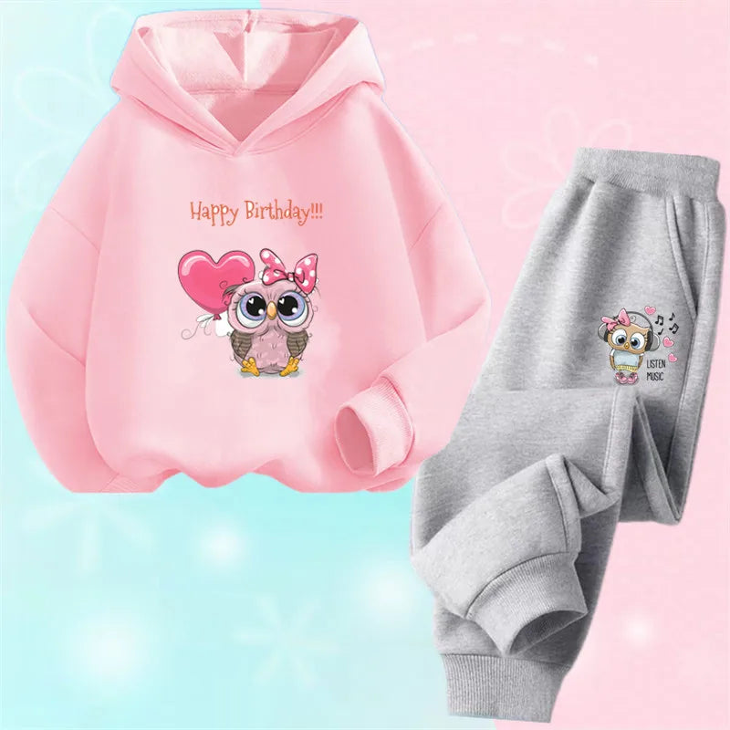 Children's Cute Owl Hoodie And Pants Set Toddler Girls Clothing Spring Autumn Print Sports Tracksuit Age 3-14
