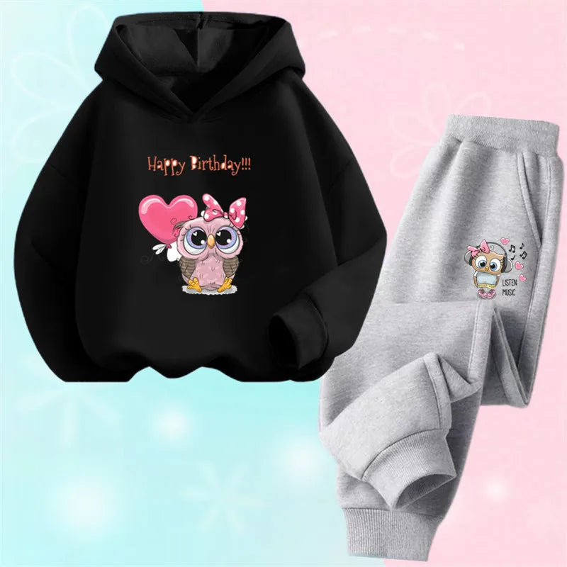 Children's Cute Owl Hoodie And Pants Set Toddler Girls Clothing Spring Autumn Print Sports Tracksuit Age 3-14