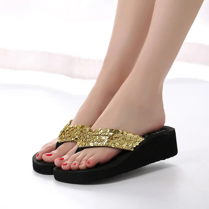 Women Summer Sandals Sequins Beach Female Flip Flops Ladies Slippers High Heels Shoes