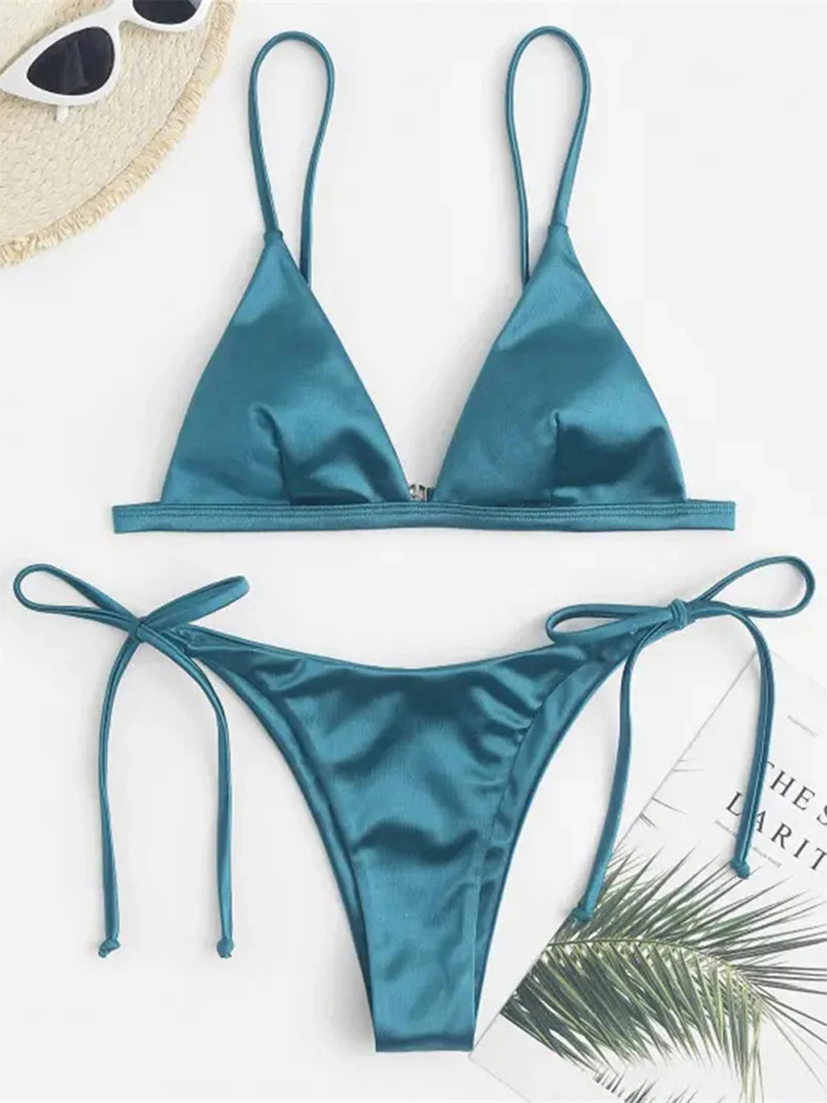 6 Colors Satin High Leg Cut Brazilian Bikini Women Set