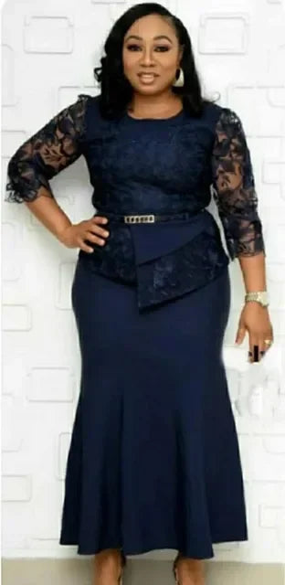 Women O Neck 3/4 Sleeve Long Maxi Dress Fashion Lace Patchwork Night Party Dress