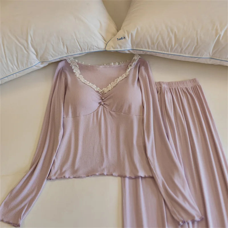 Modal Pajamas For Women Pants Sets Night Wear For Ladies Autumn Long Sleeve With Chest Cup Sleepwear Women's Home Suit